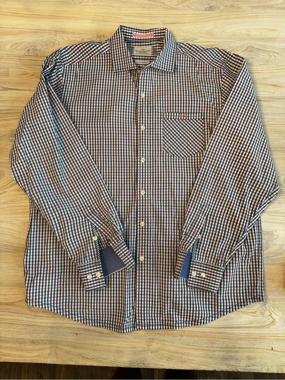 Tommy Bahama Navy, Red & White Checked Casual Button-Down Shirt, Starched Shirt